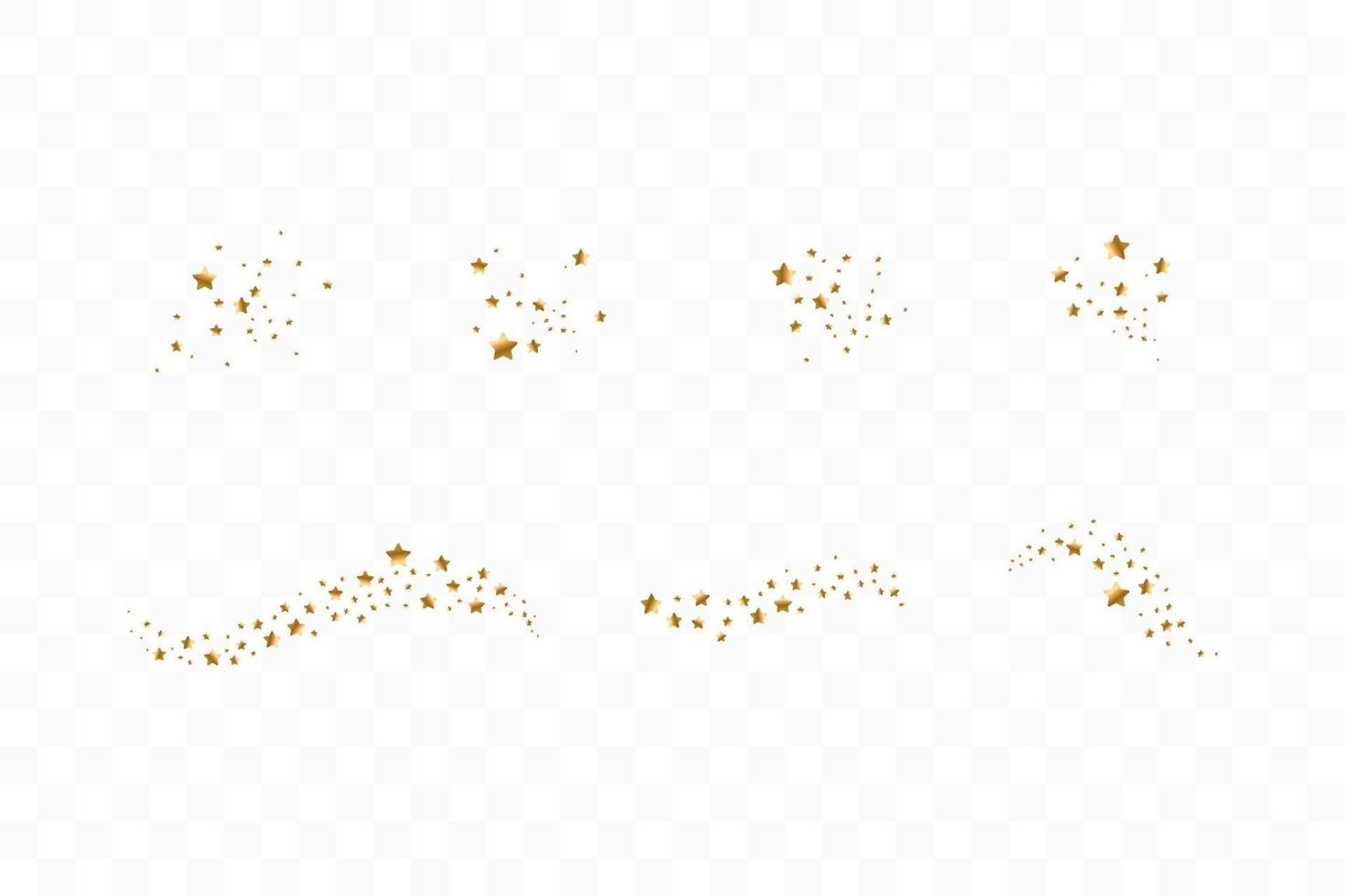 Set of golden falling stars. Cloud of golden stars isolated. Vector illustration. Meteoroid, comet, asteroid, stars