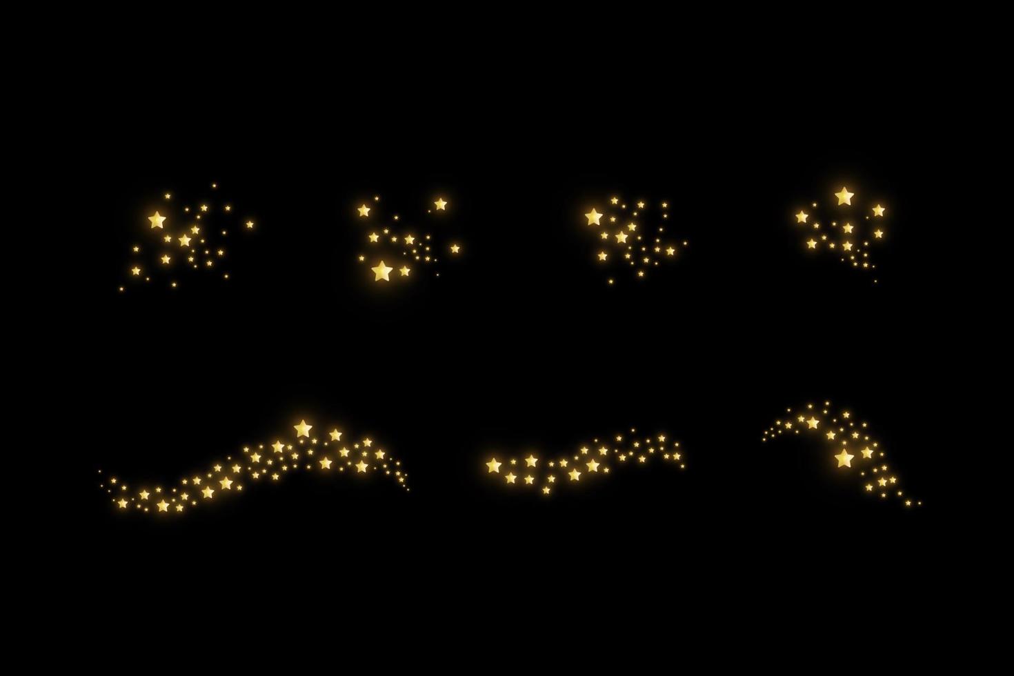 conjunto de nube estrellada con polvo. chispas amarillas y estrellas doradas brillan con una luz especial. vector brilla sobre un fondo negro. efecto de luz navideña. partículas de polvo mágicas brillantes