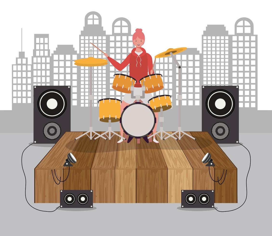 young woman playing drums vector