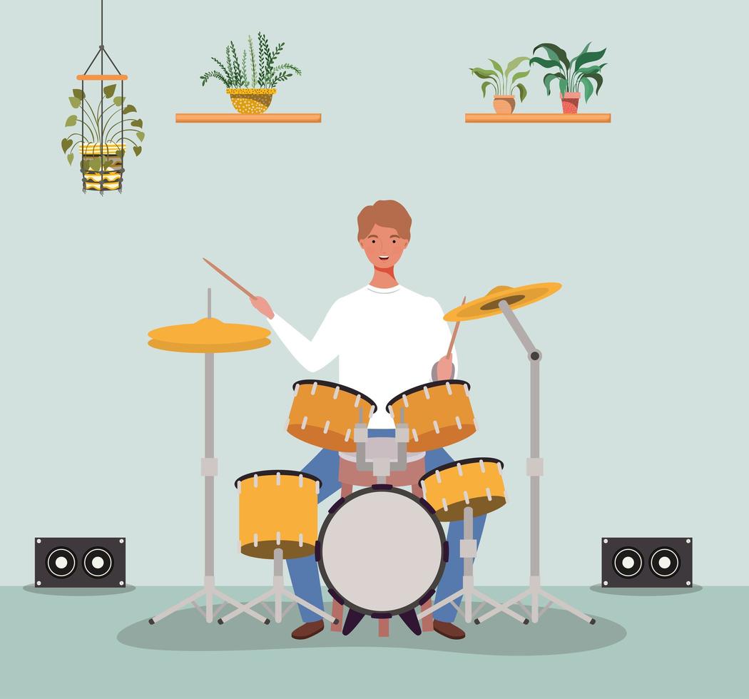 young man playing drums vector