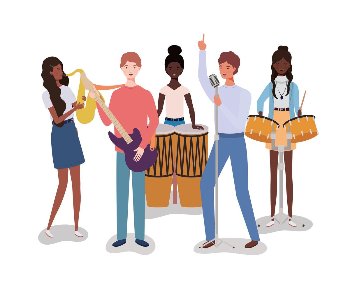 group of interracial people playing music in a band vector