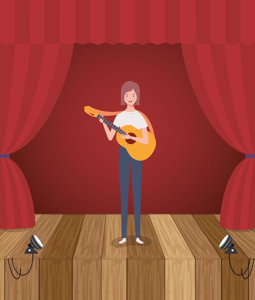 mujer tocando la guitarra acústica personaje vector