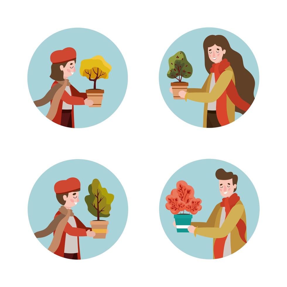 miembros de la familia con ropa de otoño y plantas. vector