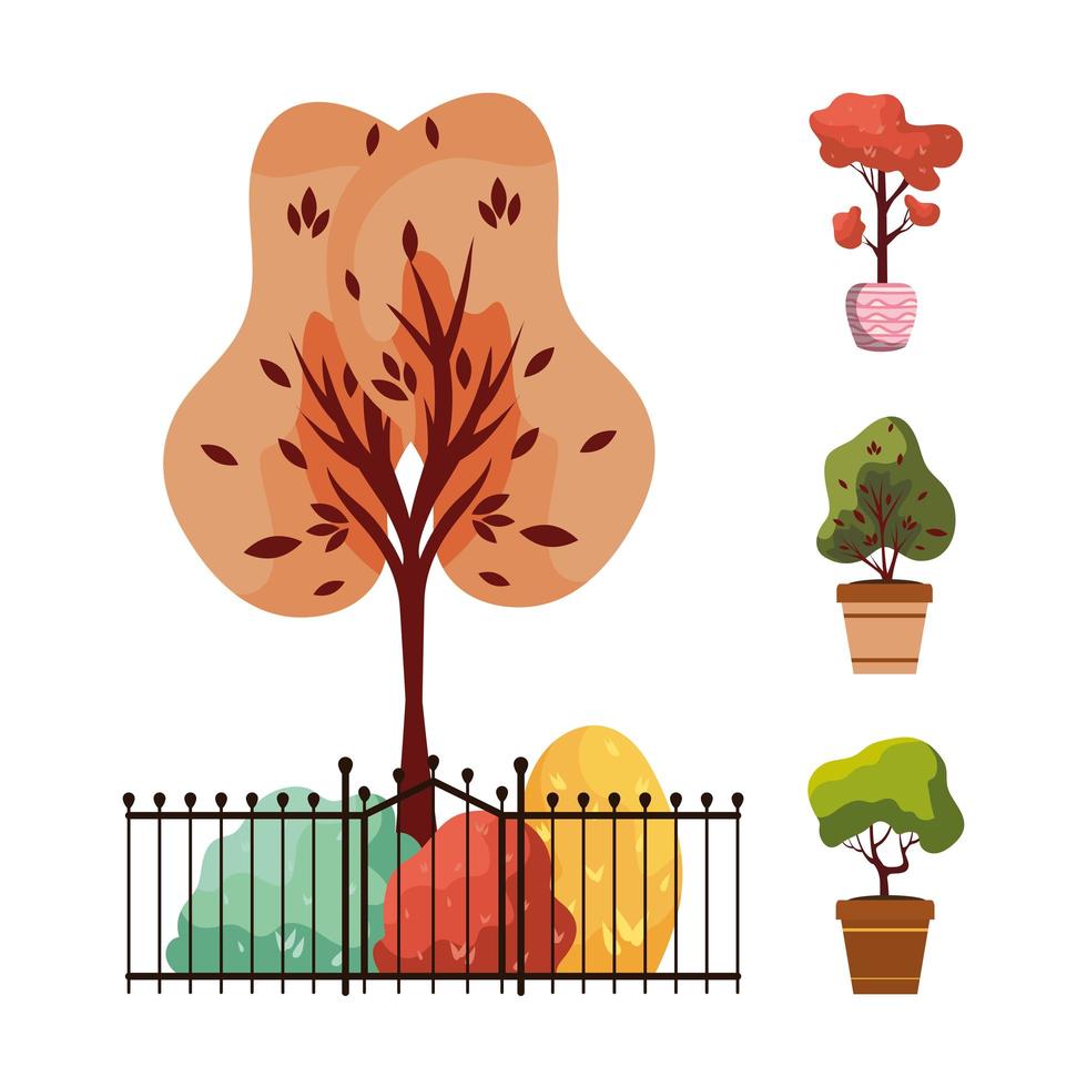 autumn plants with metal fence and ceramic pots vector