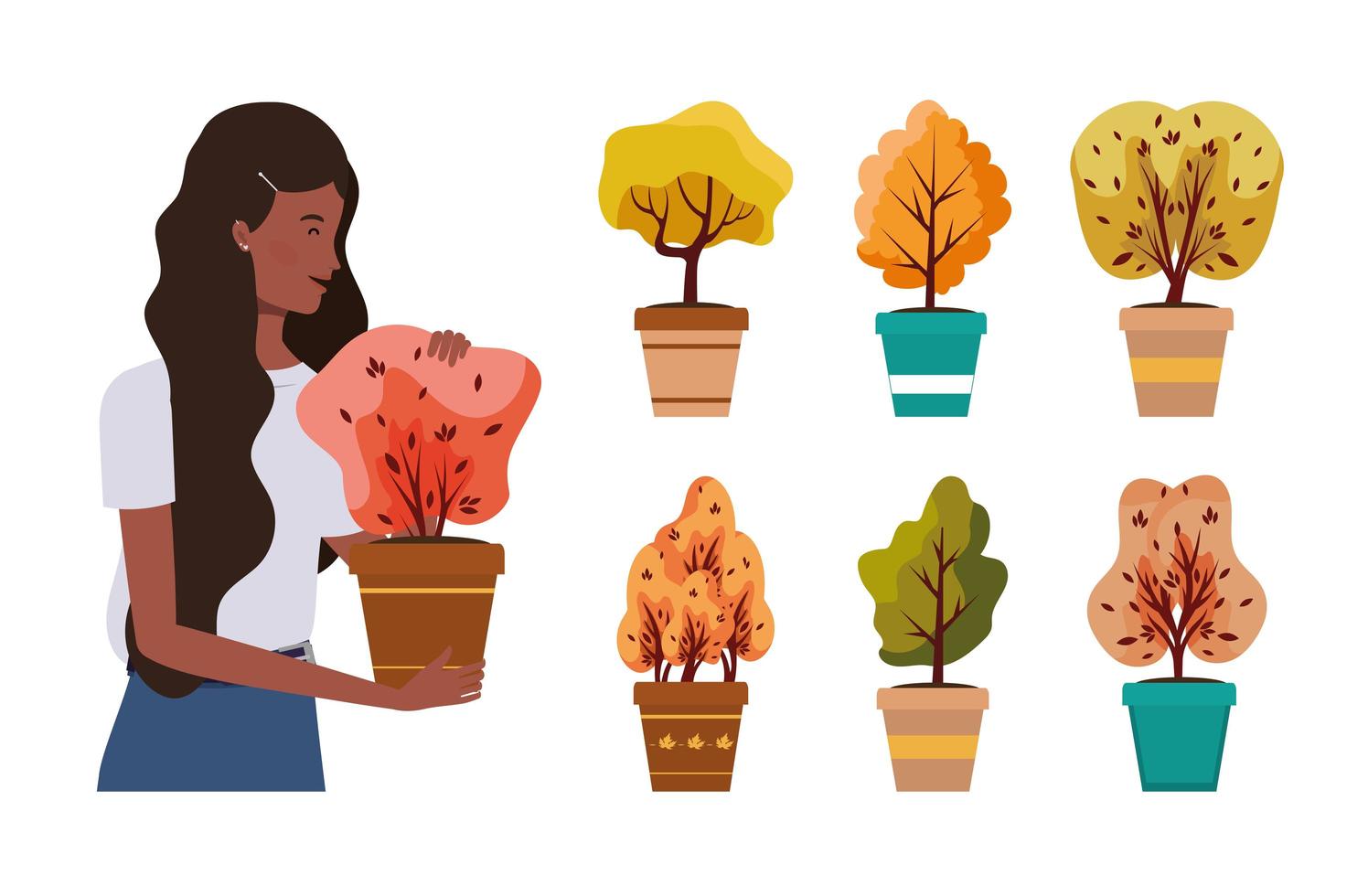 Mujer afro con plantas de otoño en macetas de cerámica vector