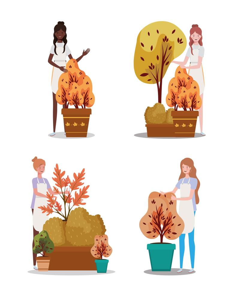 group of women with autumn plants vector