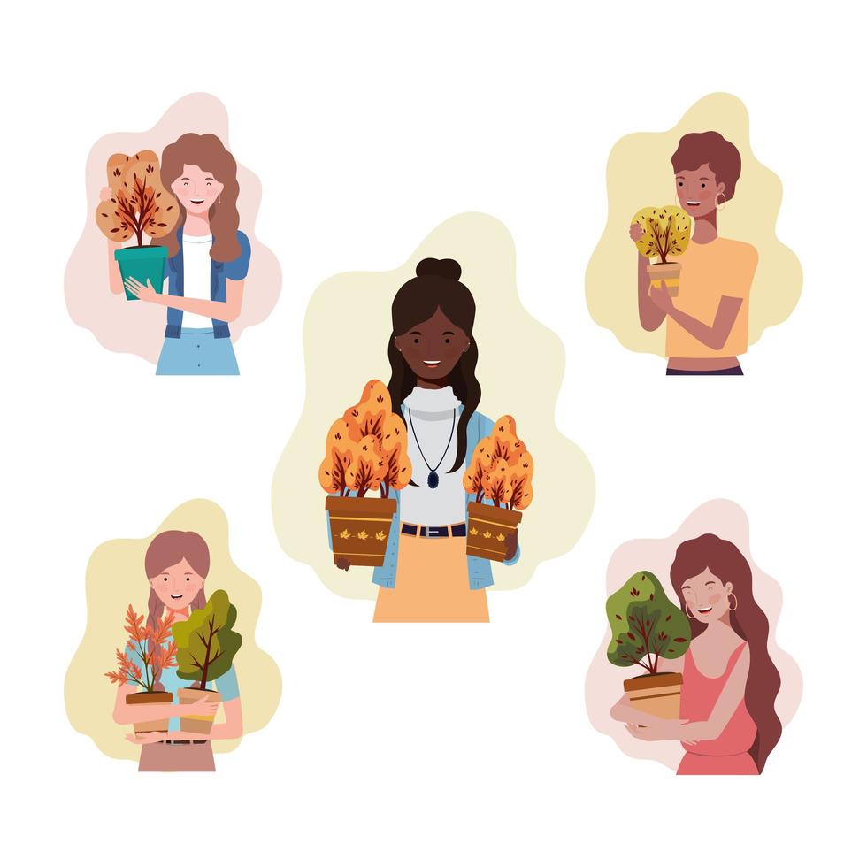 grupo de mujeres con plantas de otoño vector