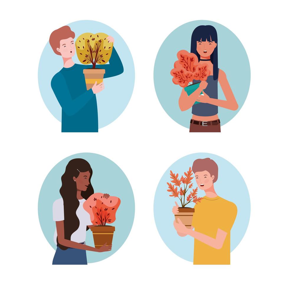 group of young people with autumn plants vector