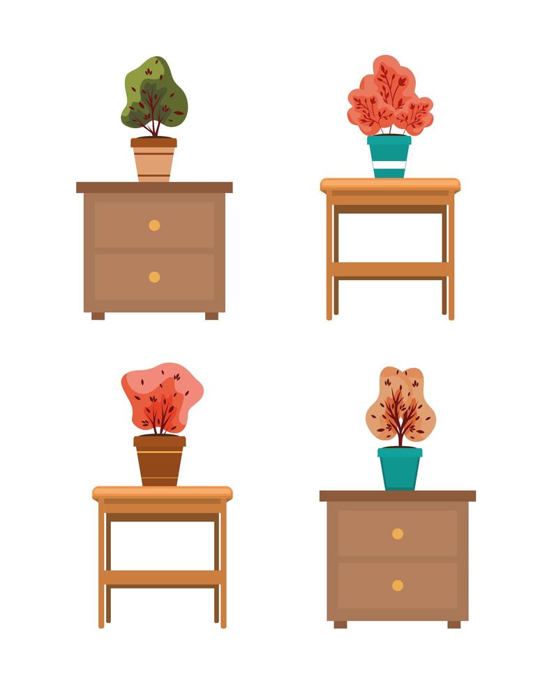autumn plants in ceramic pots on wooden drawers vector
