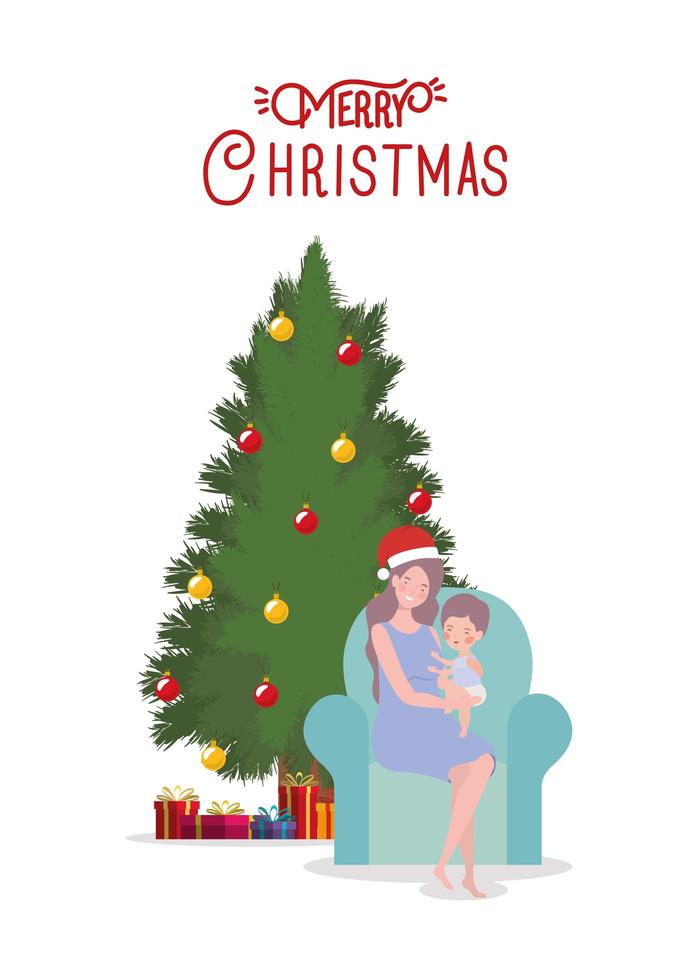 mother and baby with pine tree christmas celebration vector