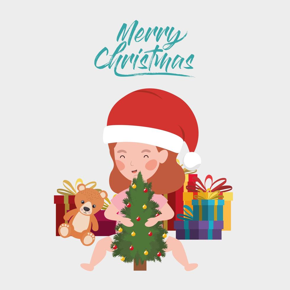 little girl with pine tree and Christmas gifts celebration vector