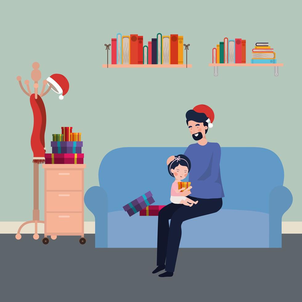 father and daughter in livingroom christmas celebration vector