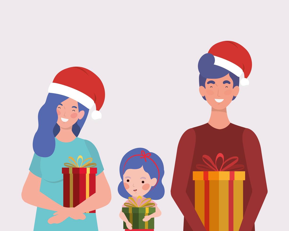 family with Christmas gifts and Santa hat vector