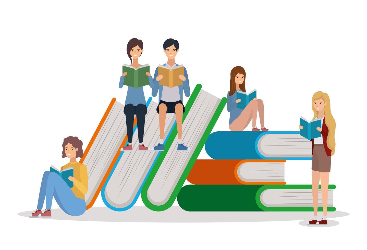 group of students reading books vector