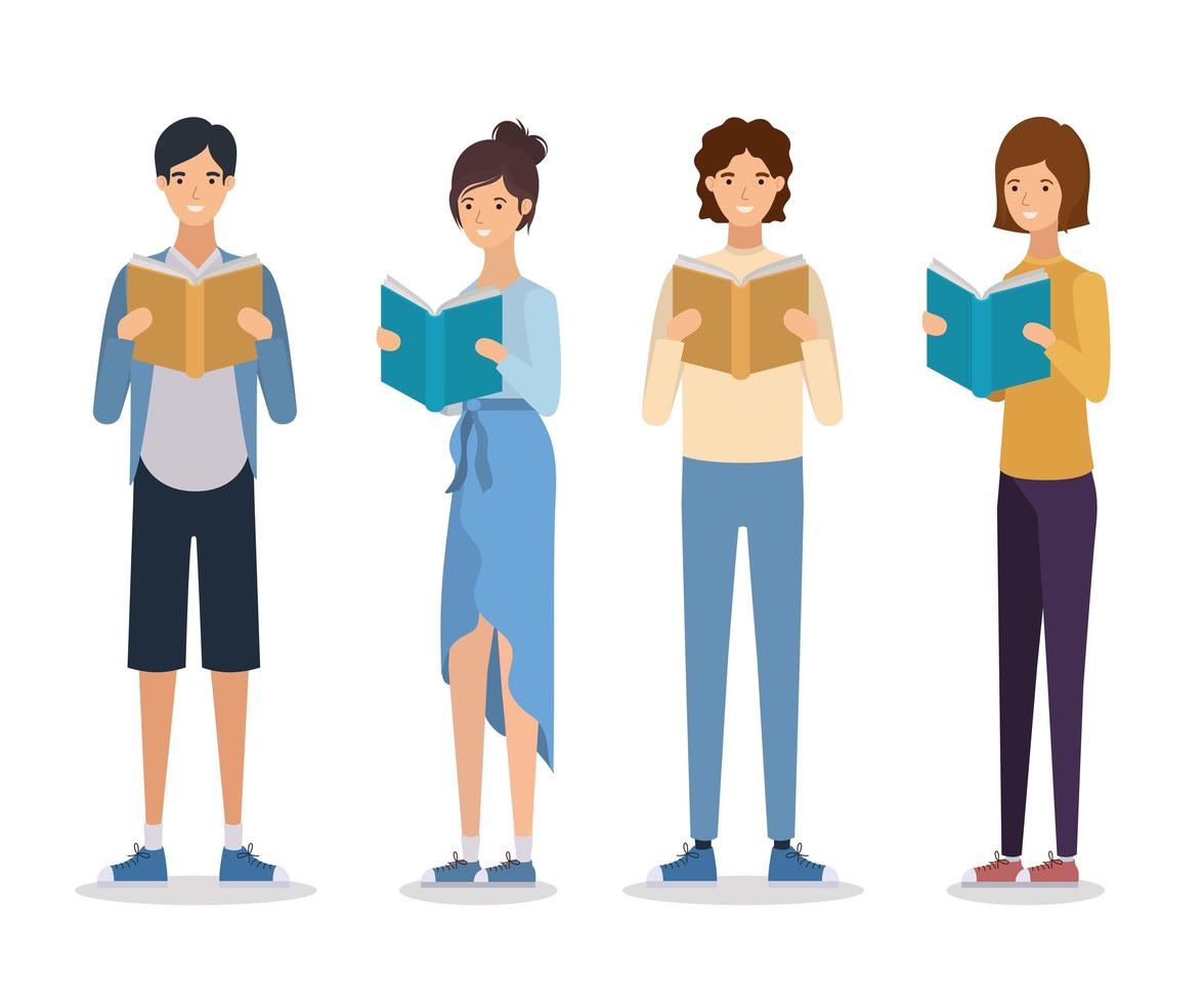 group of students reading books vector