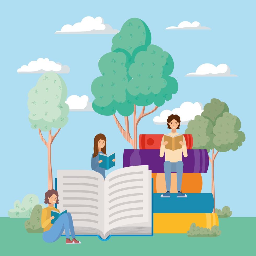 group of students reading books at the park vector