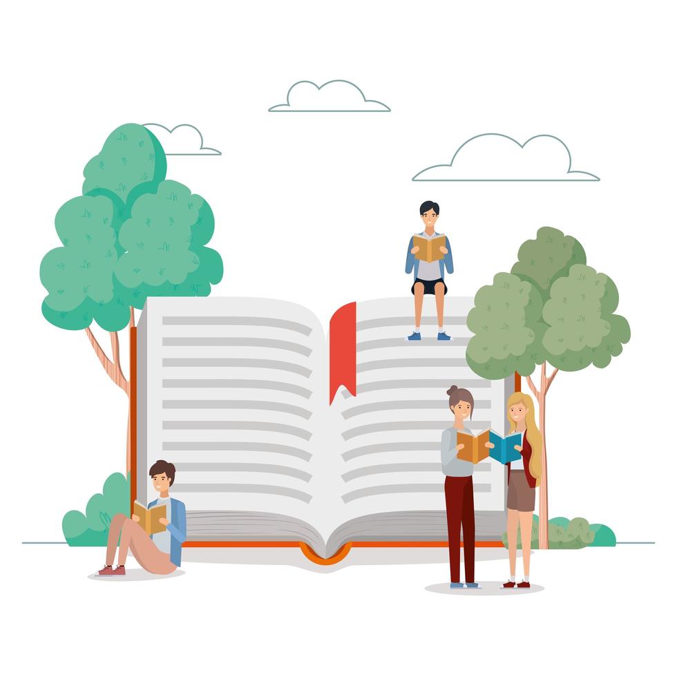 group of students reading books at the park vector