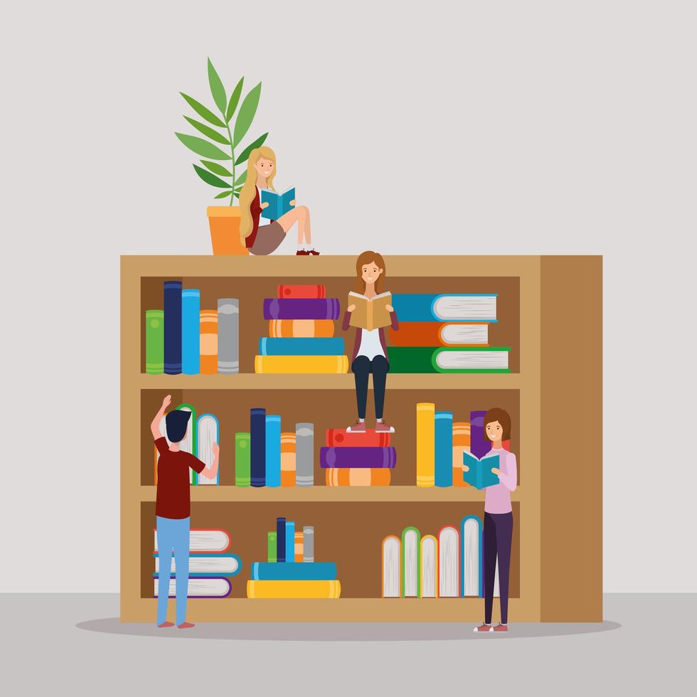 group of students reading books in the library vector