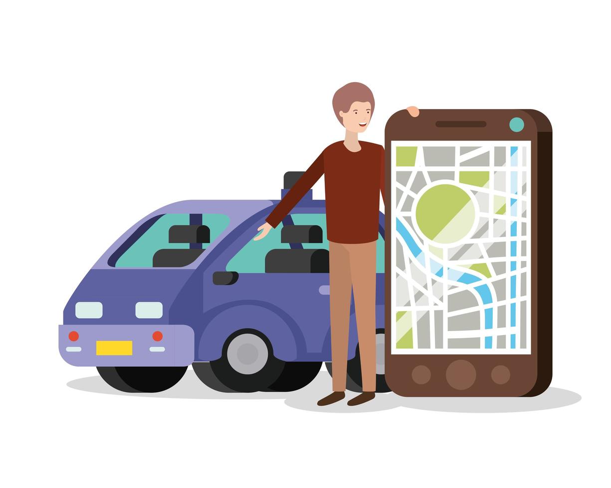 young man with smartphone and gps app vector