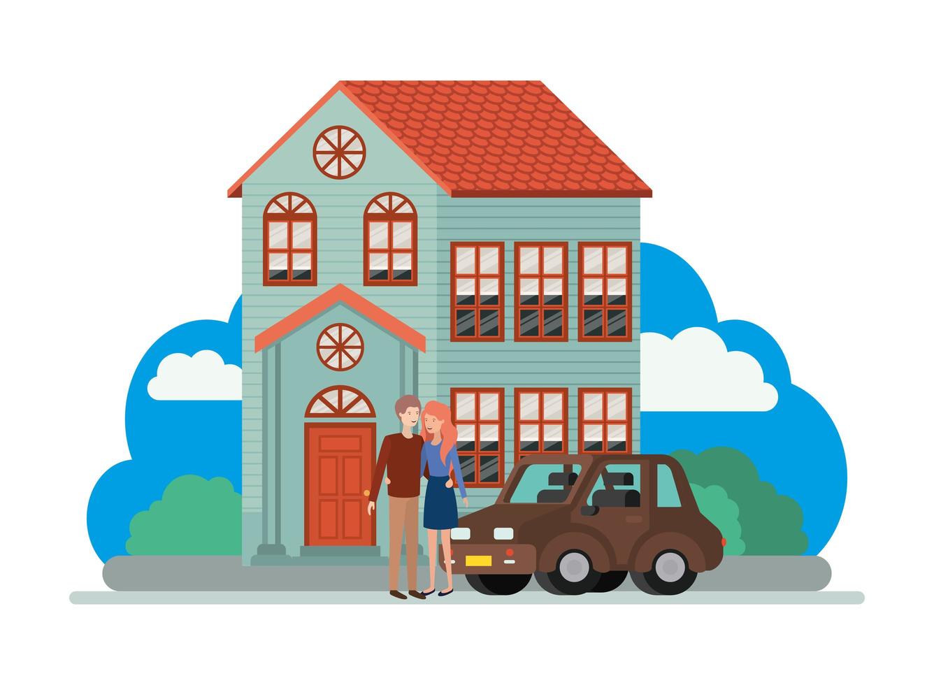young couple with smart car and house scene vector