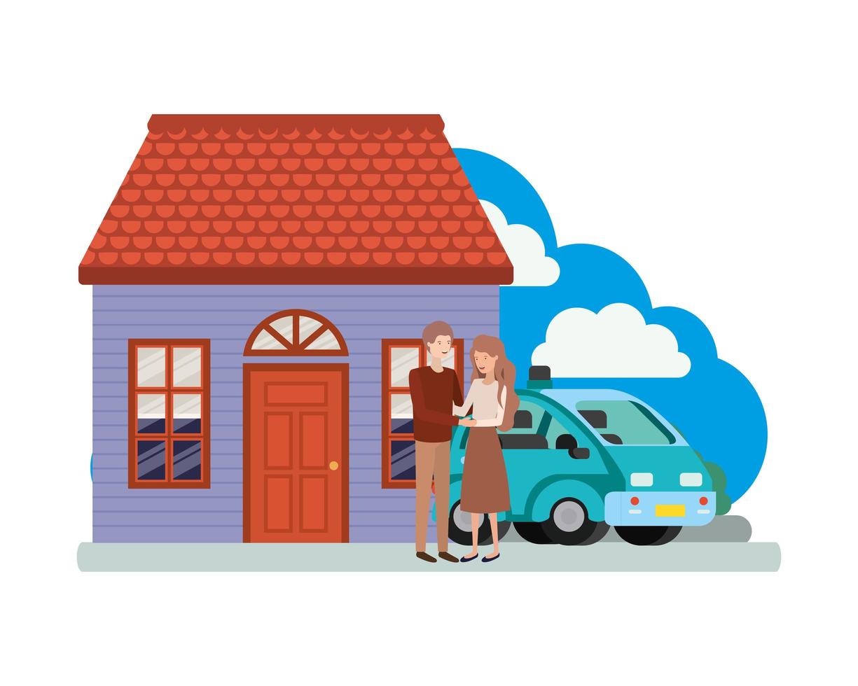 young couple with smart car and house scene vector