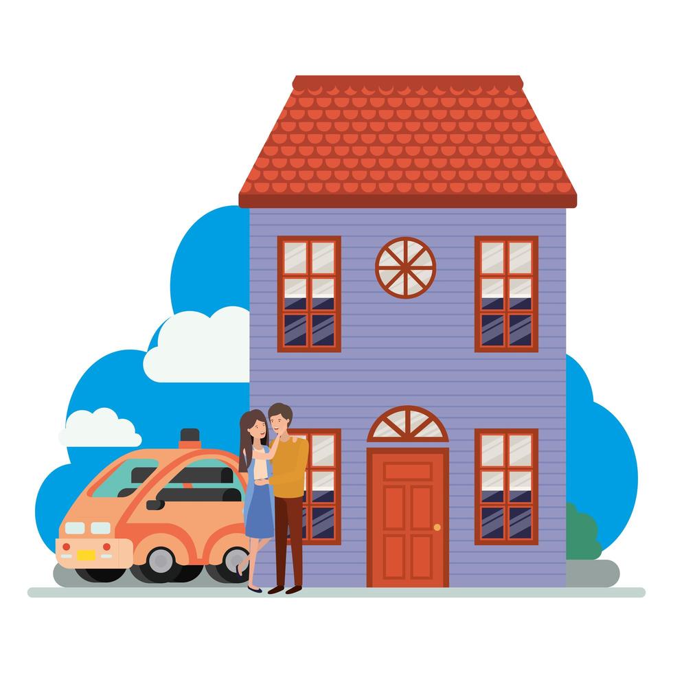 young couple with smart car and house scene vector