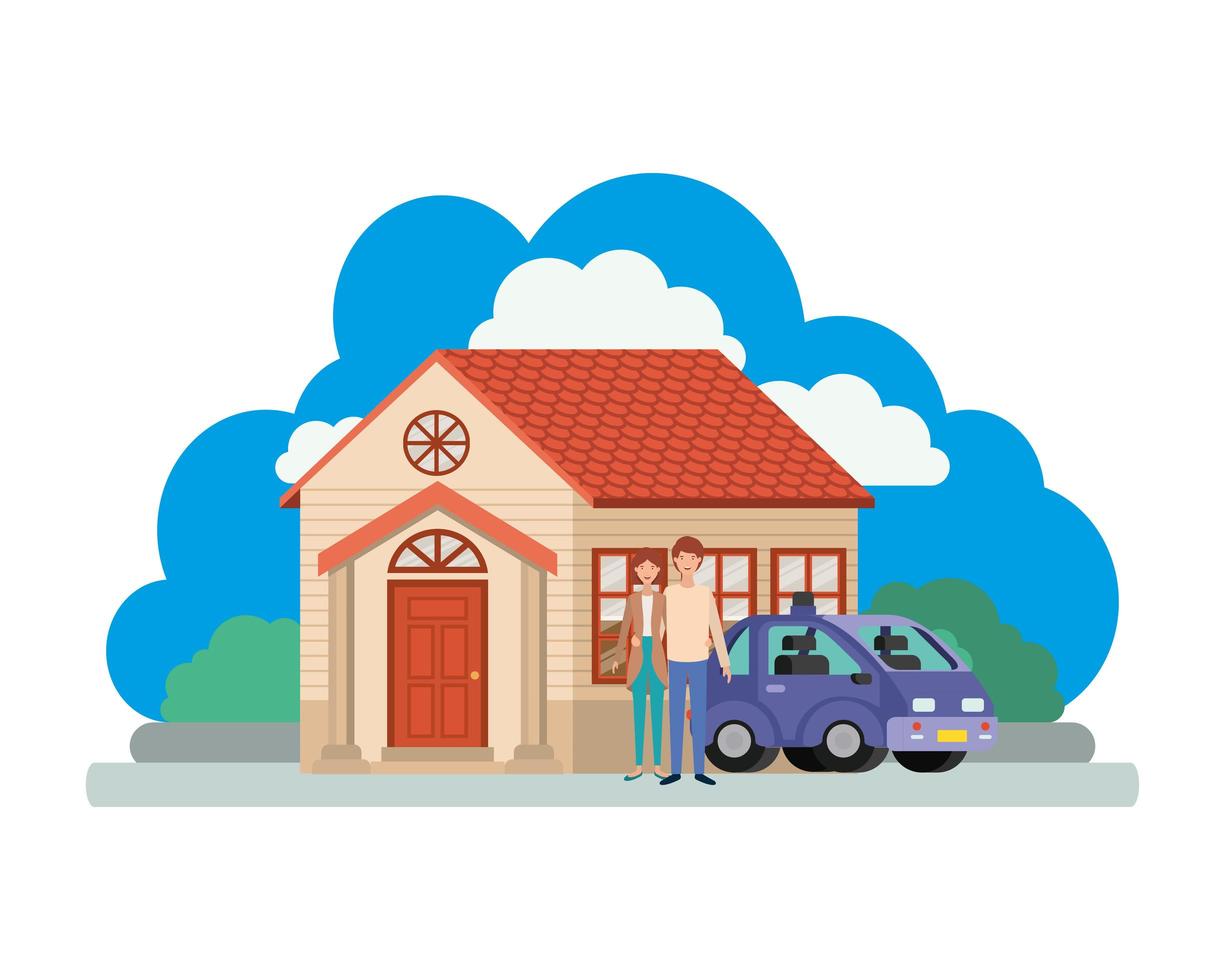 young couple with smart car and house scene vector