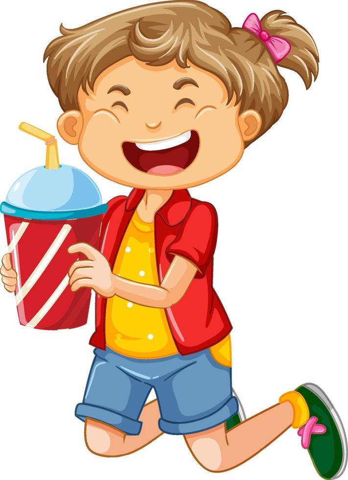 personaje de dibujos animados de niña feliz sosteniendo un vaso de plástico vector