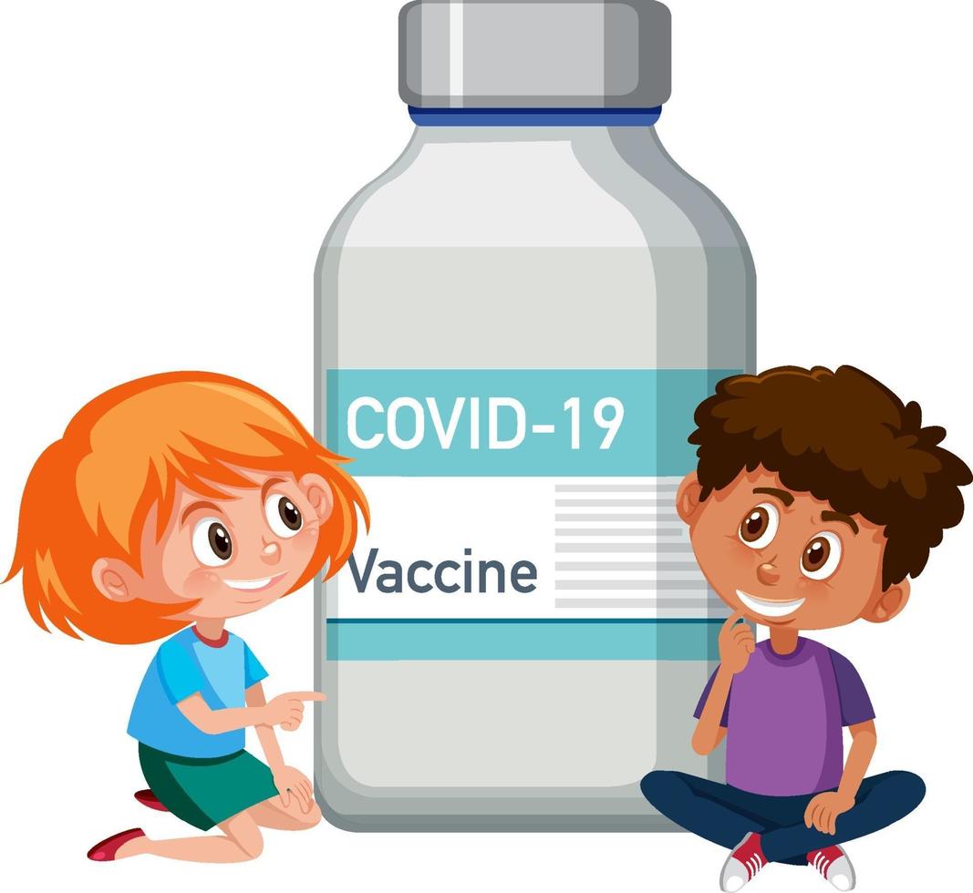 Cartoon character of children sitting with covid-19 vaccine bottle vector