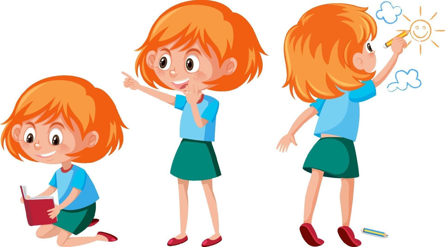 conjunto de un personaje de dibujos animados de niña haciendo diferentes actividades vector