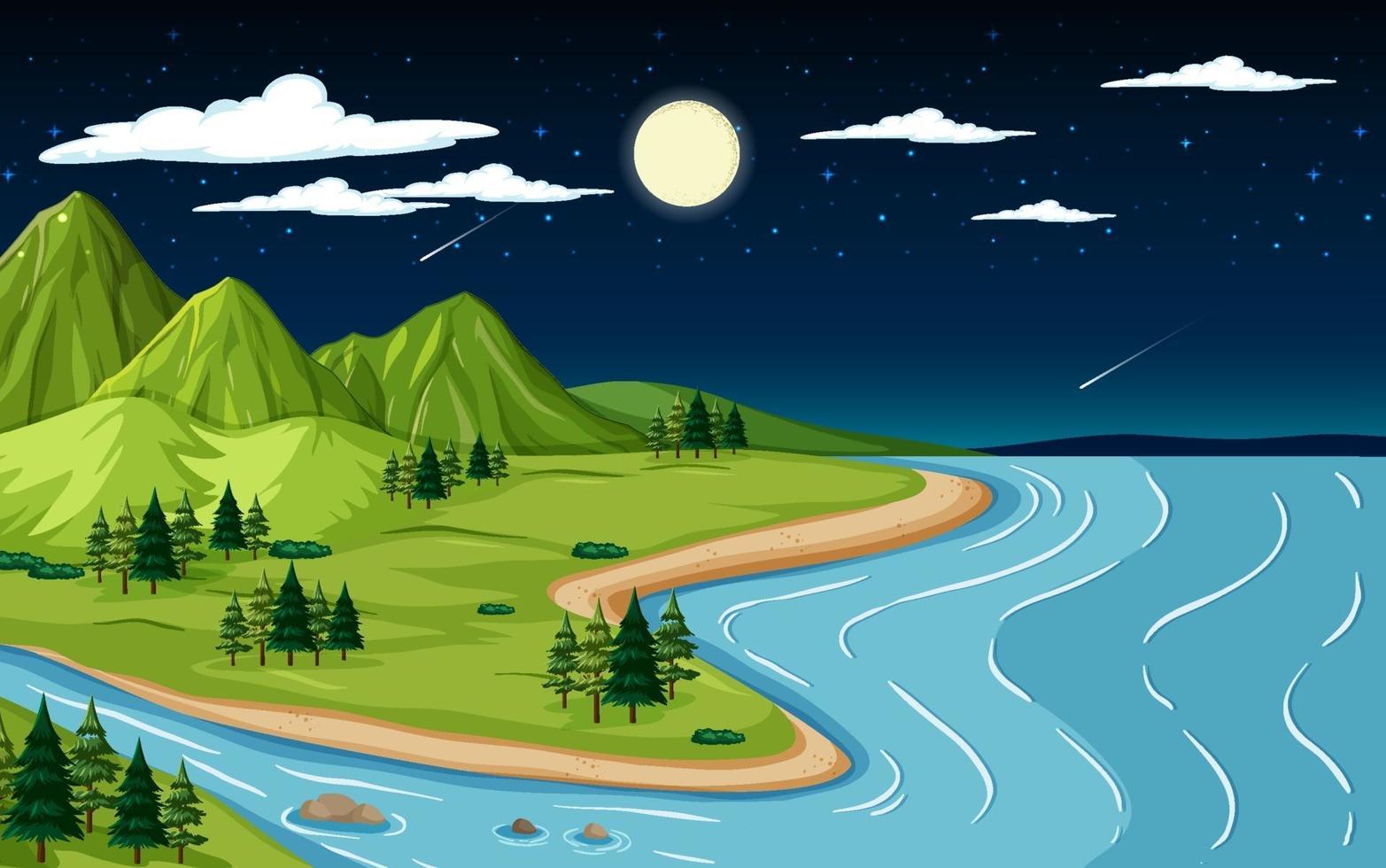 Escena de paisaje natural con montaña y río por la noche. vector