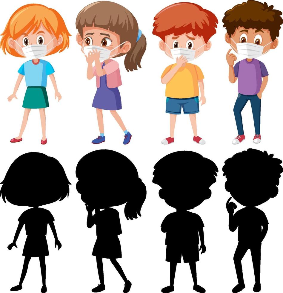 Set of different kids wearing mask cartoon character with silhouette vector