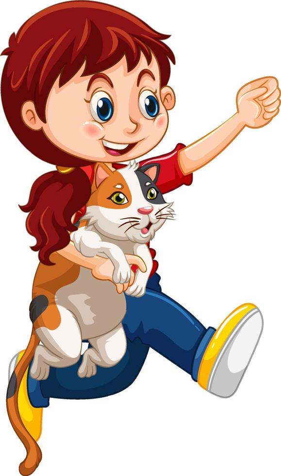 Una niña sosteniendo un personaje de dibujos animados lindo gato aislado sobre fondo blanco. vector