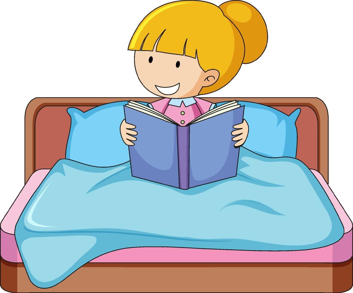 niña leyendo un libro y sentada en una cama 2111796 Vector en Vecteezy