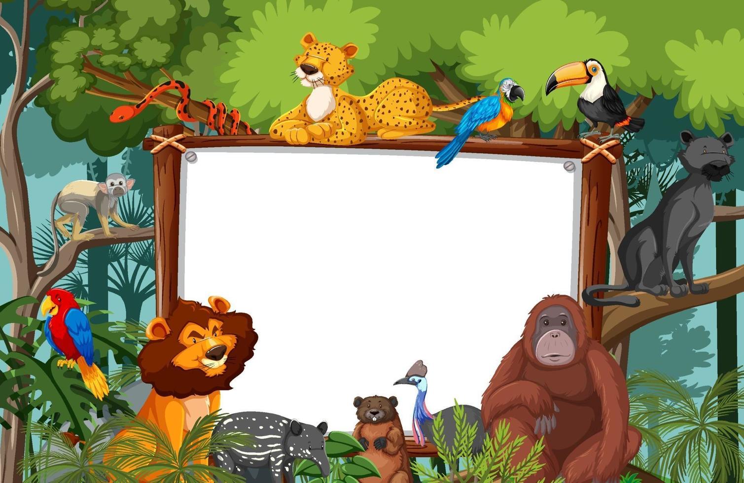 Blank banner in the rainforest scene with wild animals vector