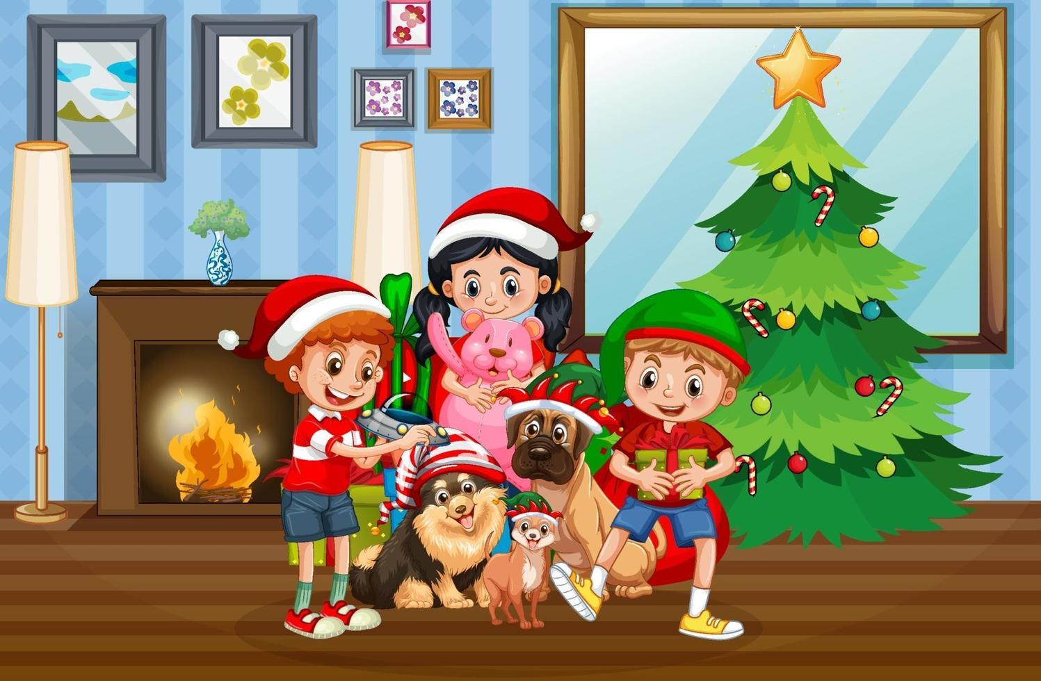 Christmas indoor scene with many children and cute dogs vector