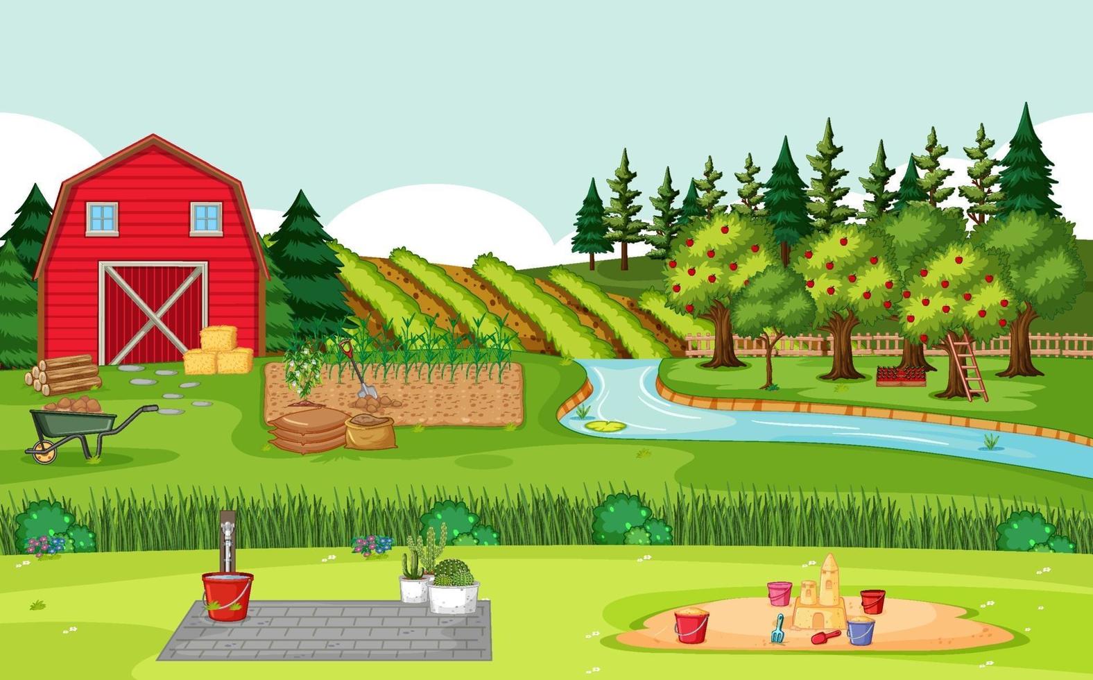 Farm scene with red barn in field landscape vector