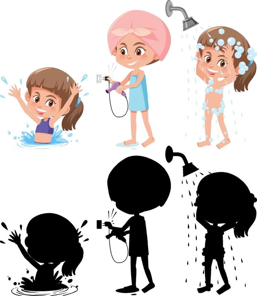 Set of a girl cartoon character in different positions with its silhouette vector