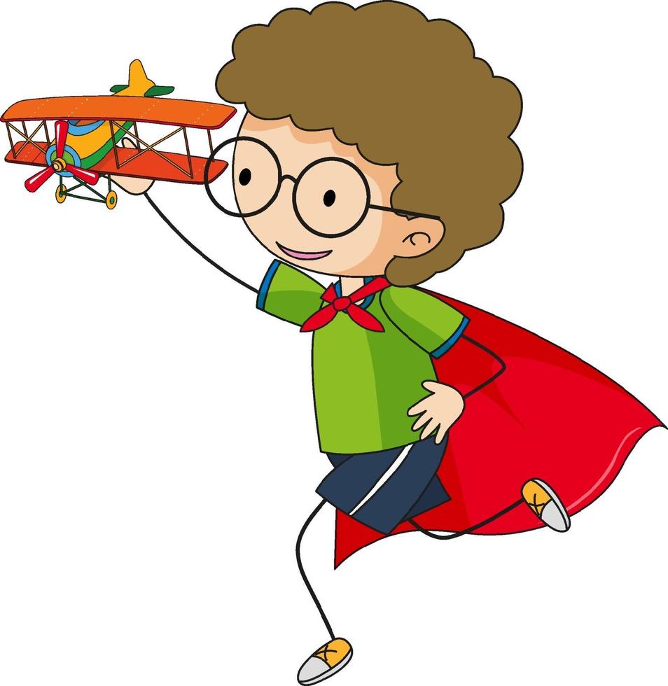 personaje de dibujos animados de niño superhéroe en estilo doodle dibujado a mano aislado vector