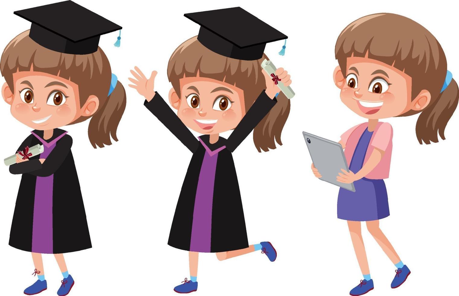 Set of a girl wearing graduation gown with different poses vector