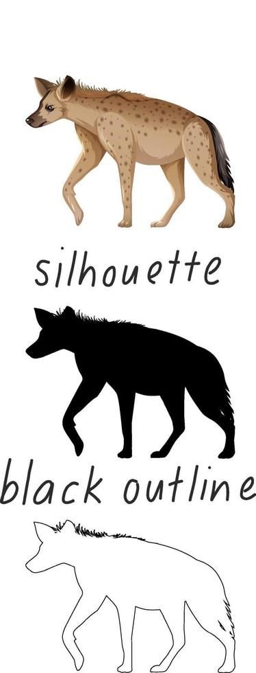 Set of hyena in color, silhouette and black outline on white background vector