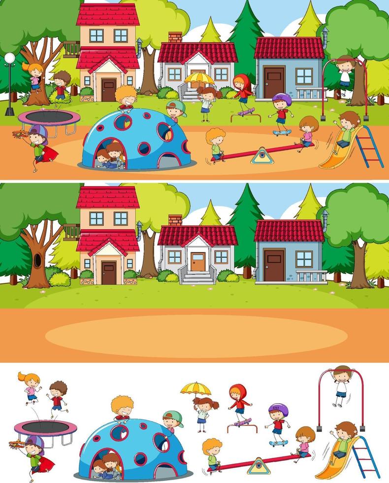 Park scene set with many kids doodle cartoon character isolated vector