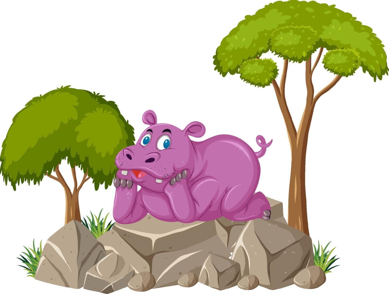 Isolated scene with cute hippopotamus laying on stone vector