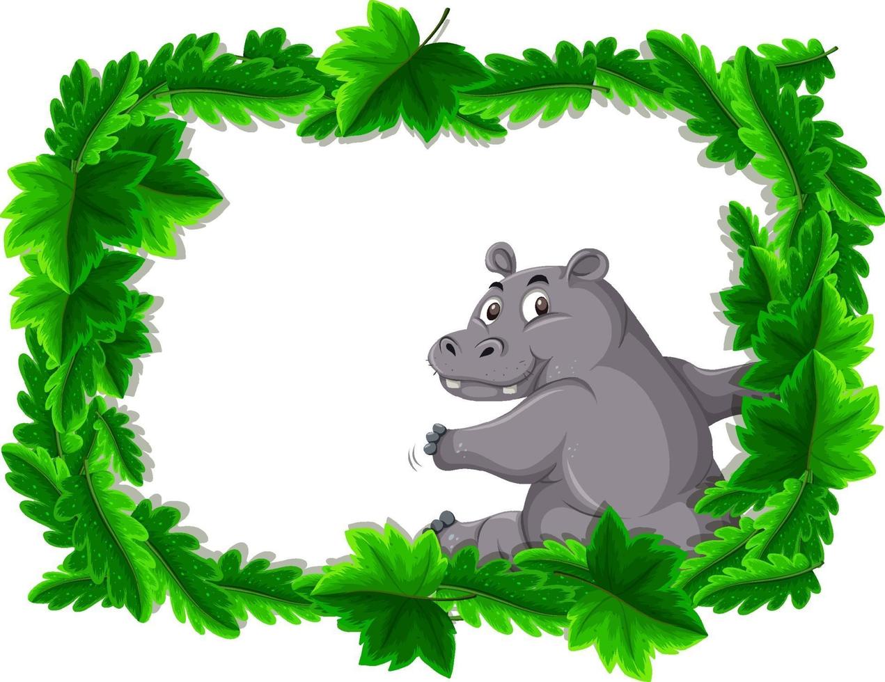 Empty banner with tropical leaves frame and hippopotamus cartoon character vector