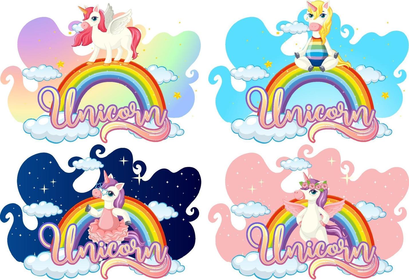 conjunto de diferentes personajes de dibujos animados de unicornio en arco iris con fuente de unicornio vector