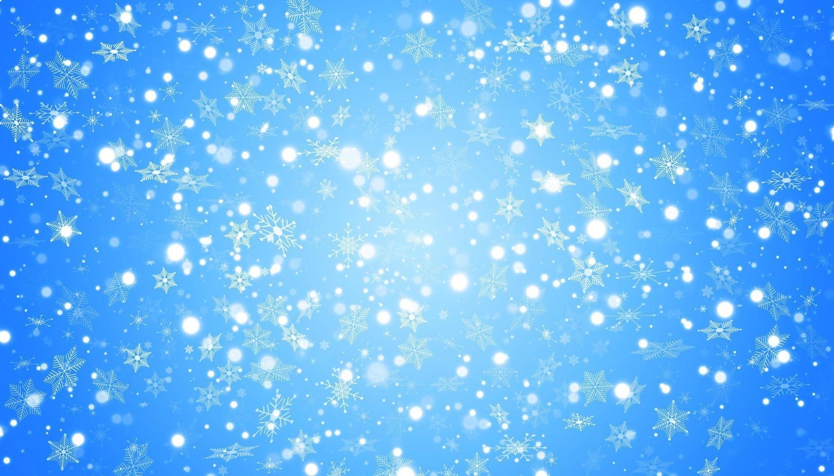 nieve blanca vuela sobre un fondo azul. copos de nieve de navidad. Ilustración de fondo de ventisca de invierno. vector