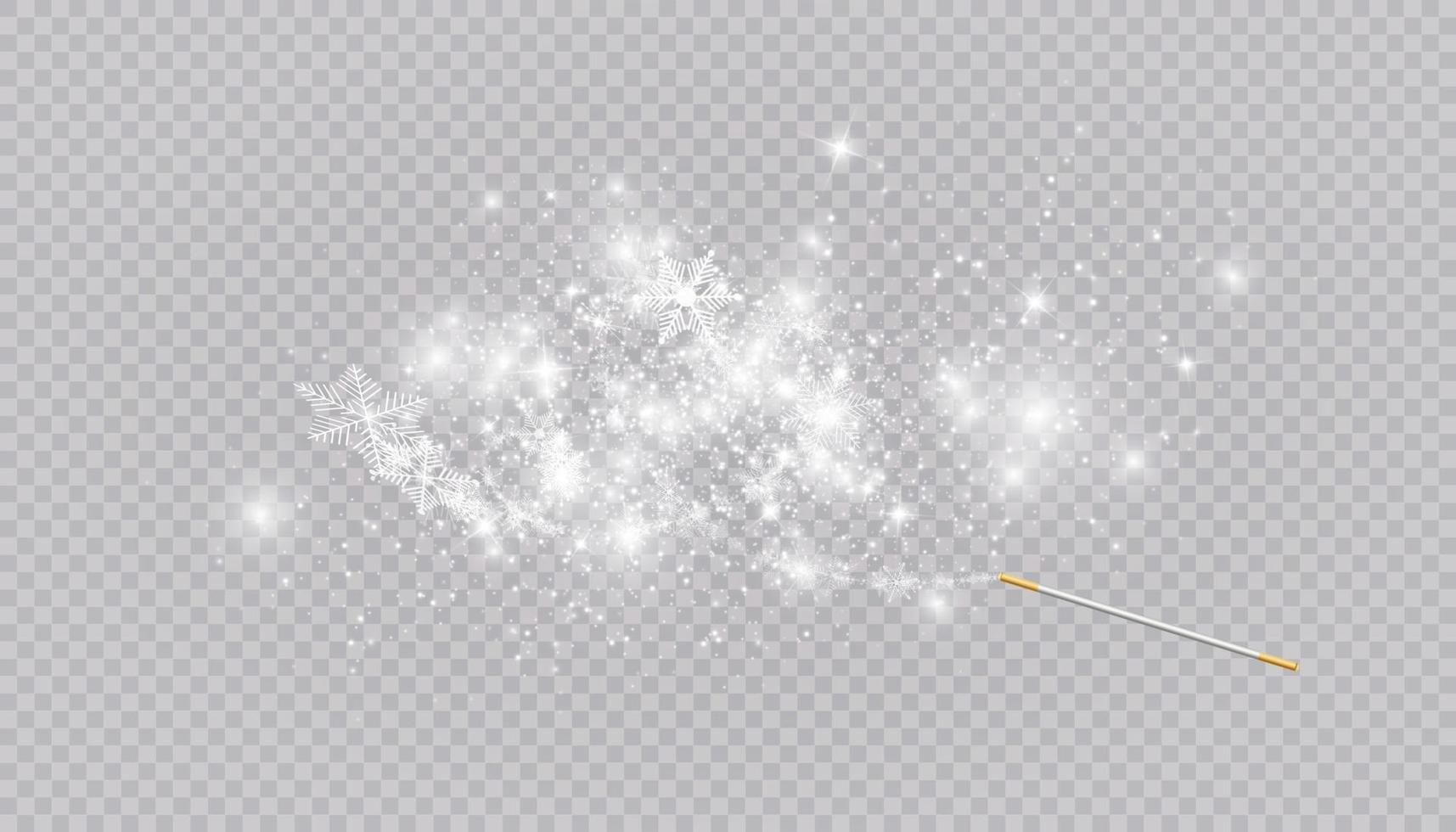 Magic wand with heart shaped snowflakes in a flat style in continuous drawing lines. Trace of white dust. Magic abstract background isolated. Miracle and magic. vector