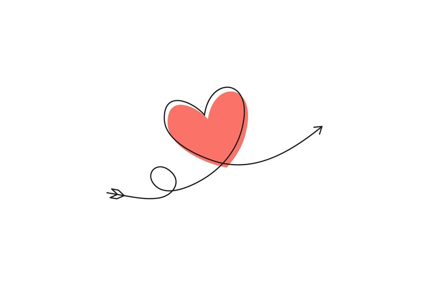 Cupid's arrow in the continuous drawing of lines in the form of a heart and the text love in a flat style. Continuous black line. Symbol of love and tenderness. vector