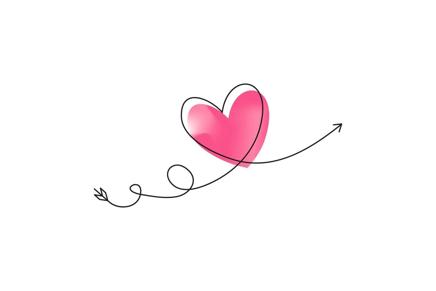 Cupid's arrow in the continuous drawing of lines in the form of a heart with pastel neon color design. Continuous black line. Symbol of love and tenderness. vector