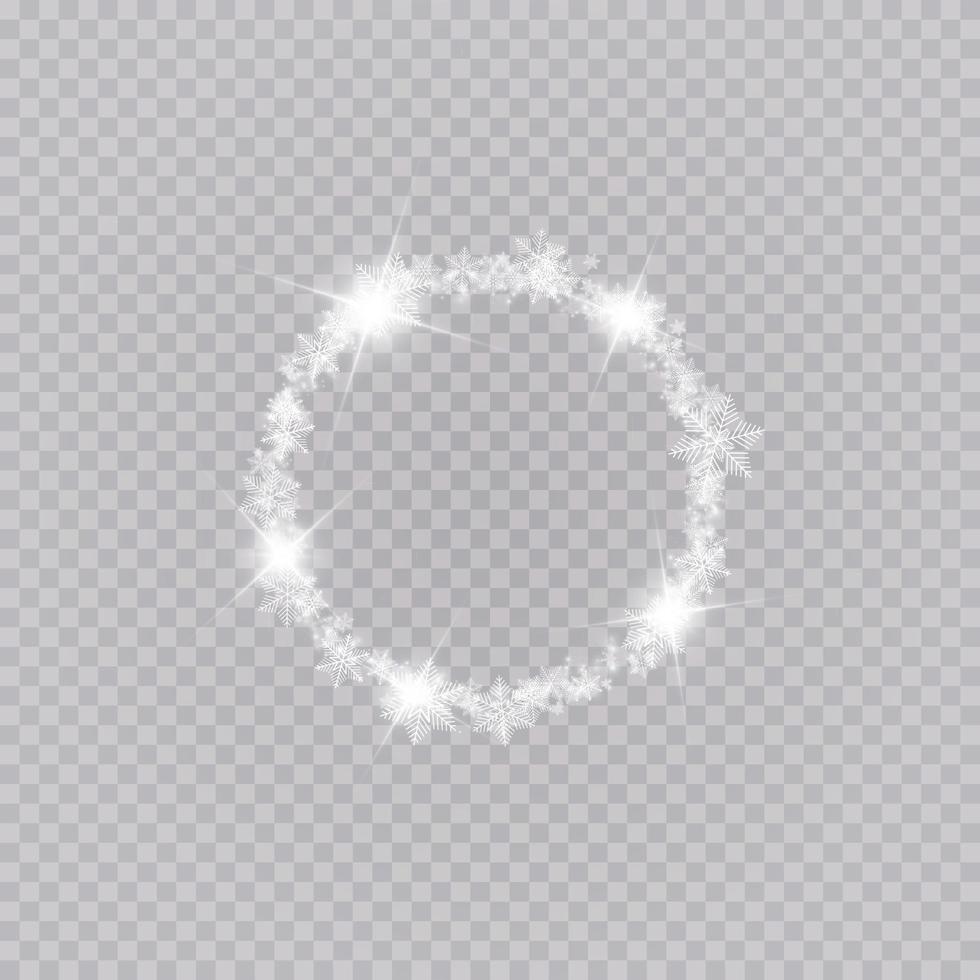 Round winter snow frame border with stars, sparkles and snowflakes. Festive christmas banner, new year greeting card, postcard or invitation vector illustration